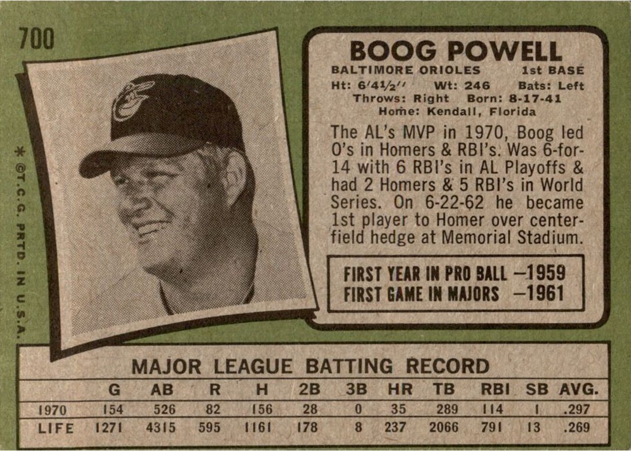 1971 Topps #700 Boog Powell card back