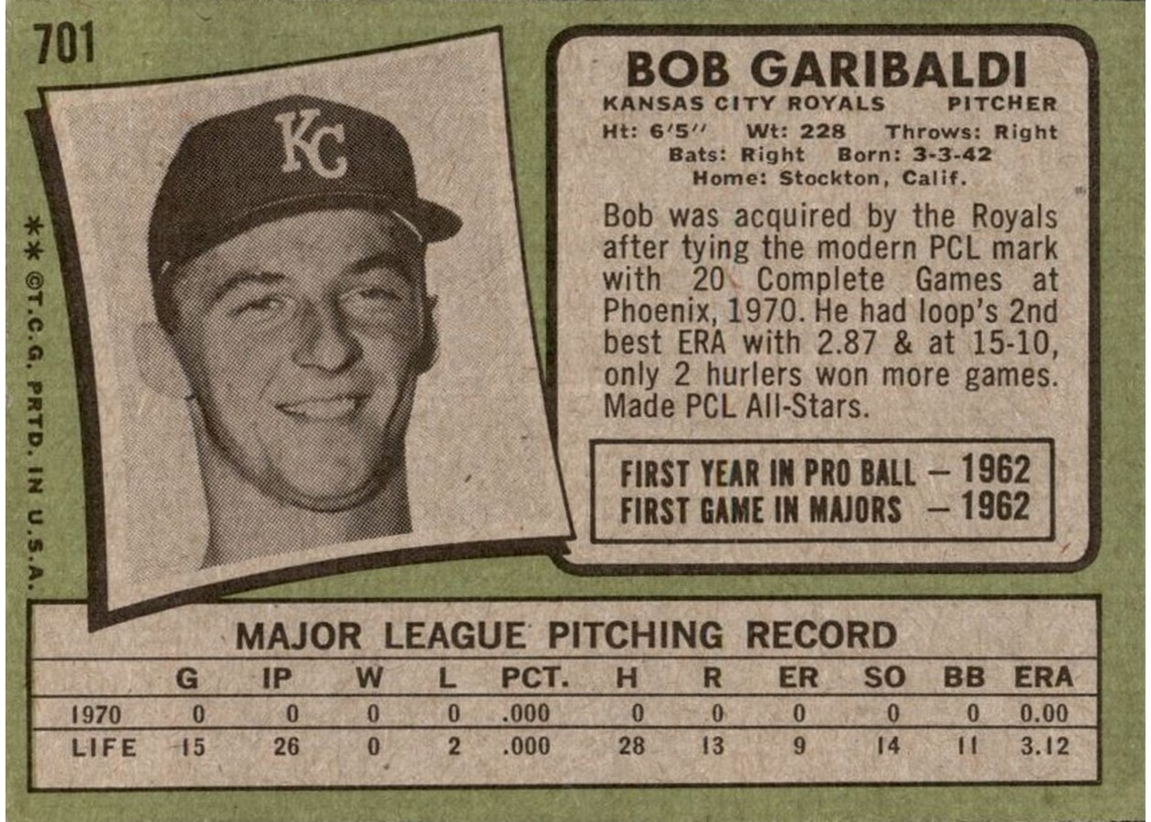 1971 Topps #701 Bob Garibaldi card back