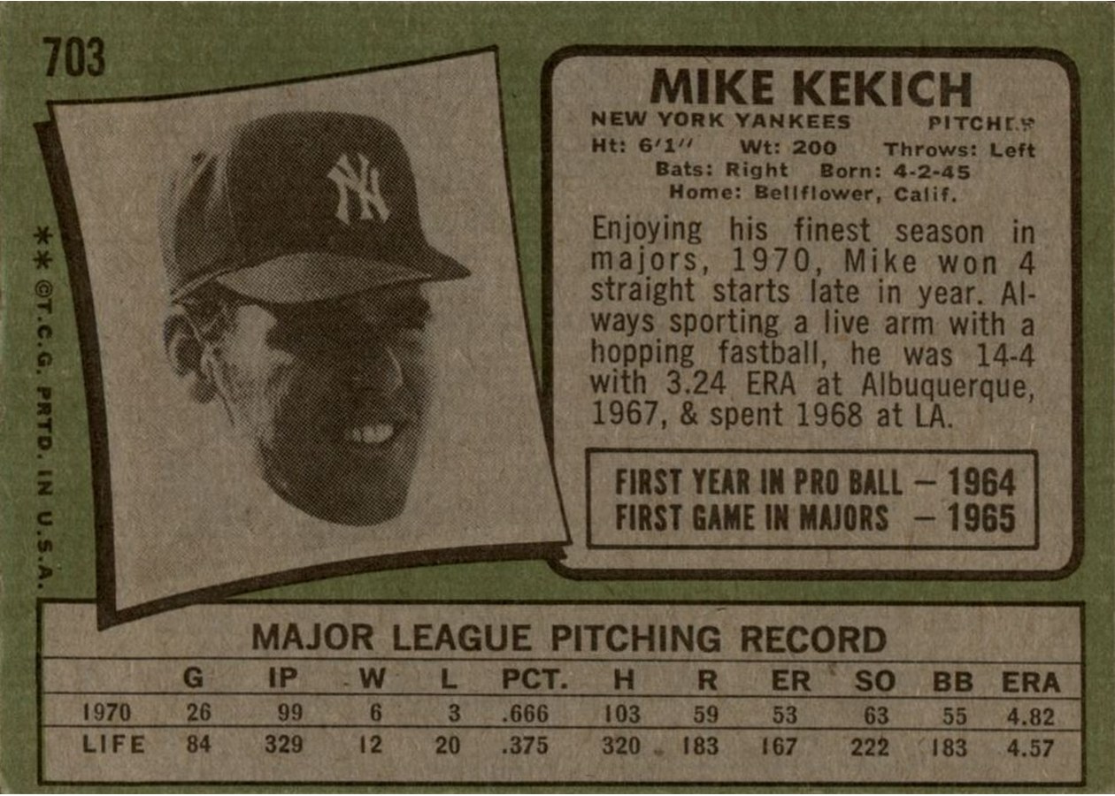 1971 Topps #703 Mike Kekich card back