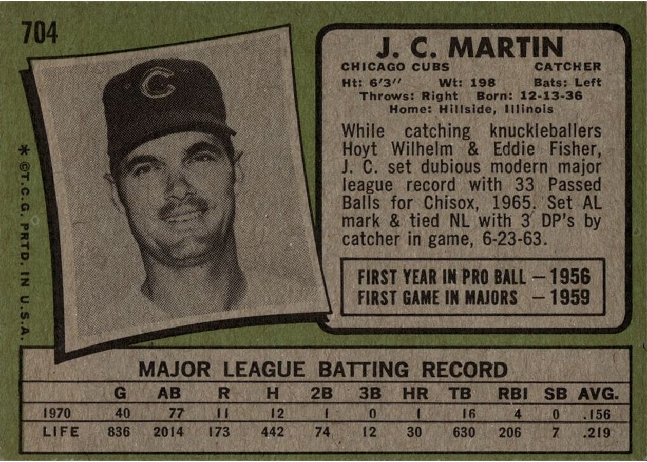 1971 Topps #704 J.C. Martin card back