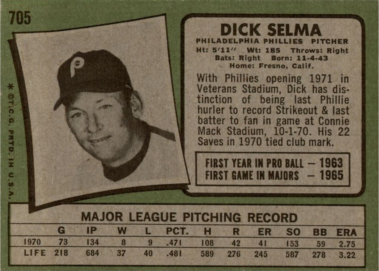 1971 Topps #705 Dick Selma card back