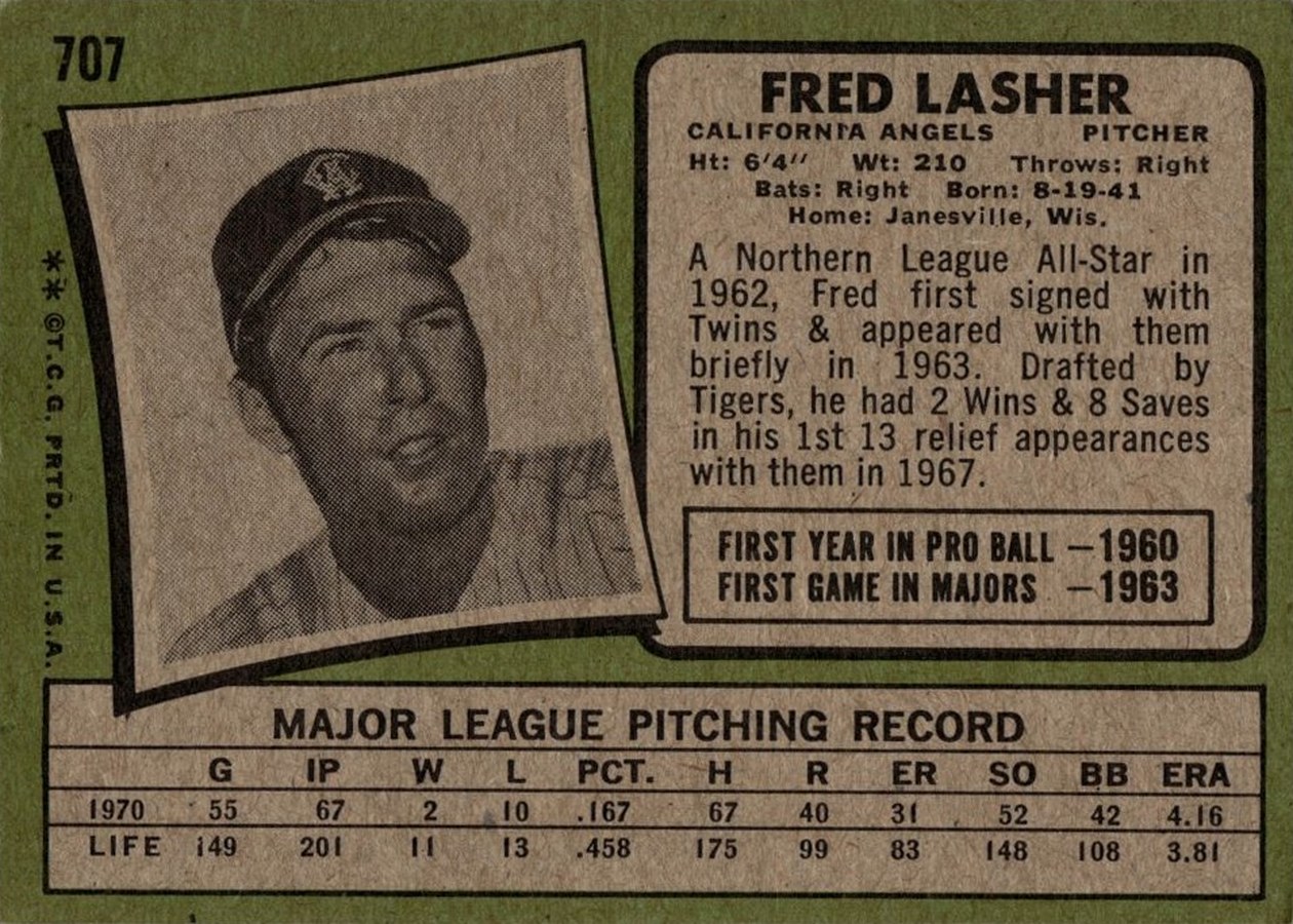 1971 Topps #707 Fred Lasher card back
