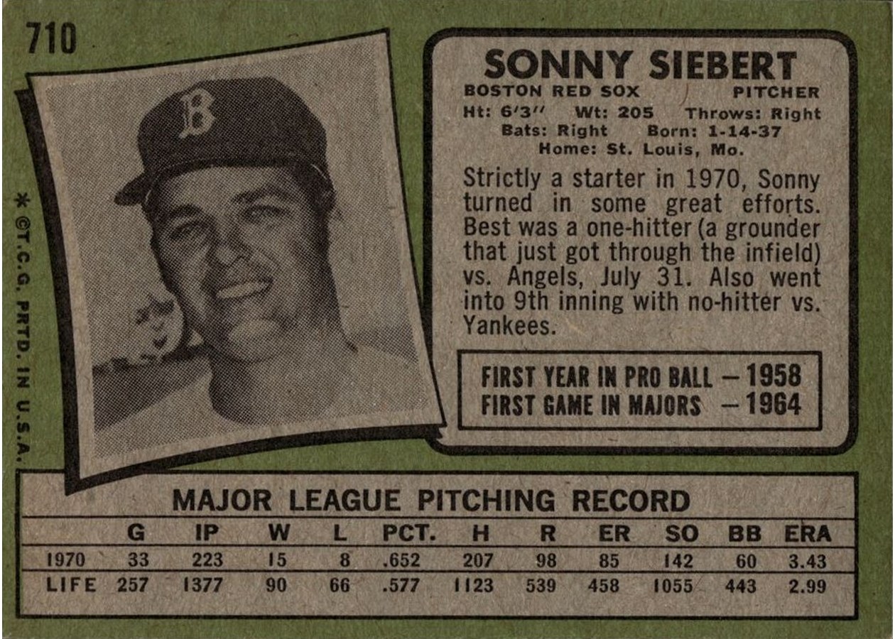 1971 Topps #710 Sonny Siebert card back