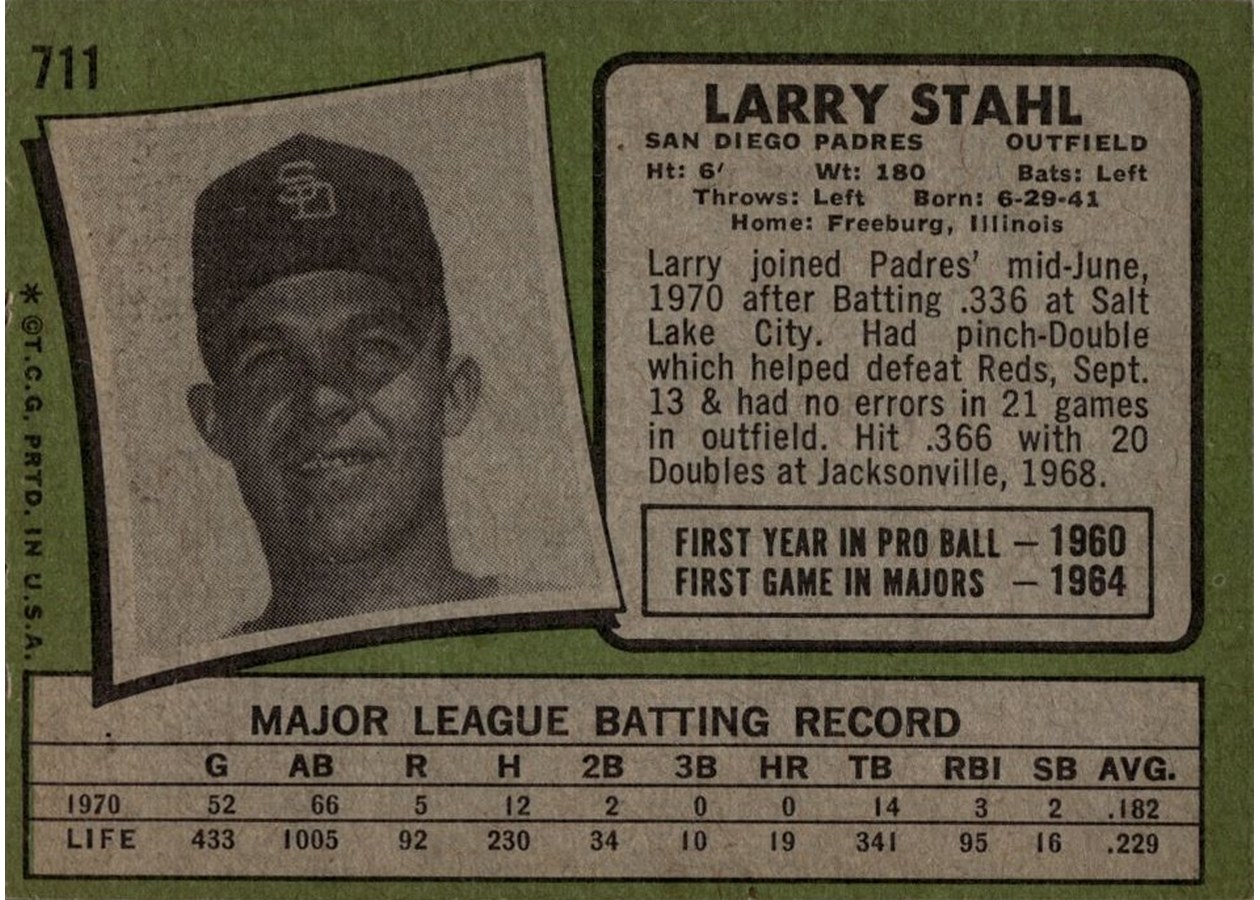 1971 Topps #711 Larry Stahl card back