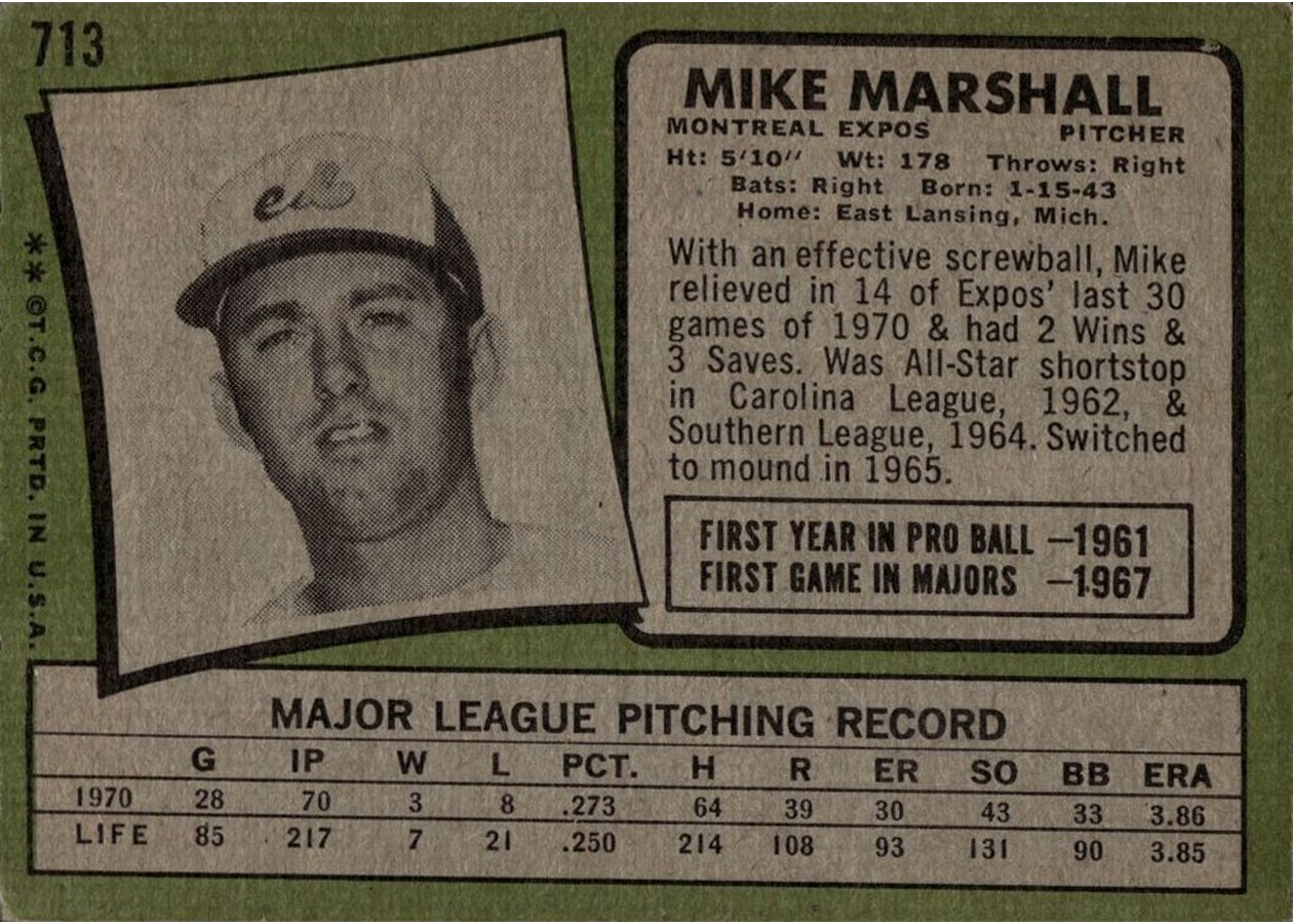 1971 Topps #713 Mike Marshall card back