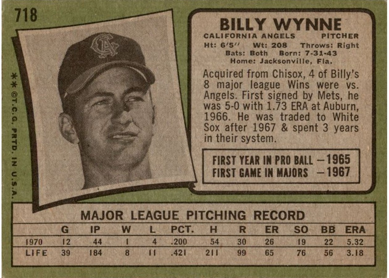 1971 Topps #718 Billy Wynne card back