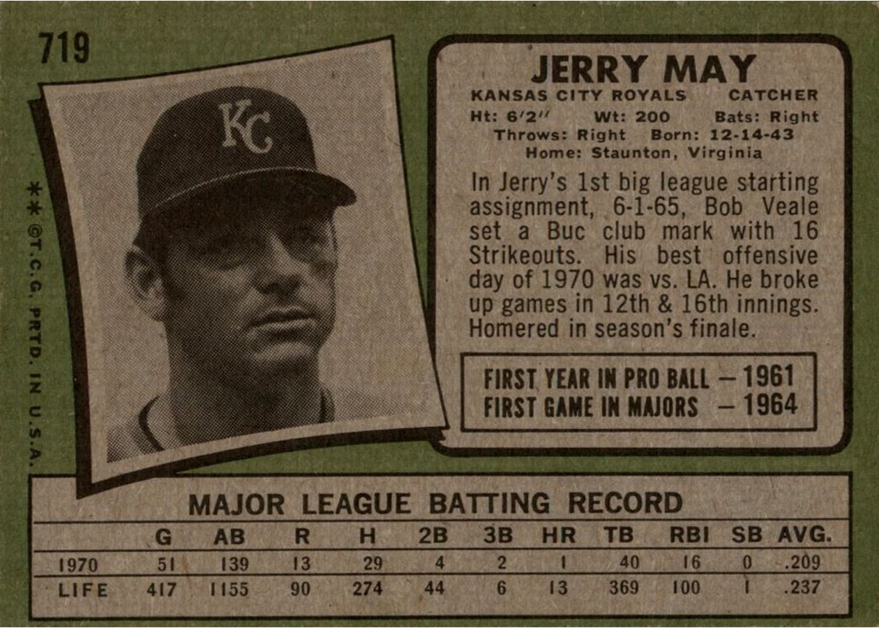 1971 Topps #719 Jerry May card back