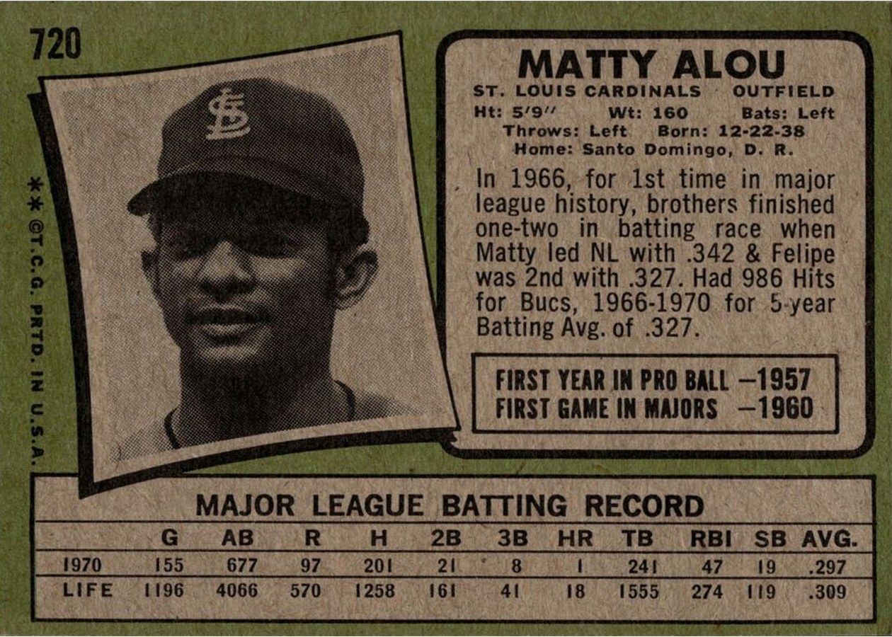 1971 Topps #720 Matty Alou card back