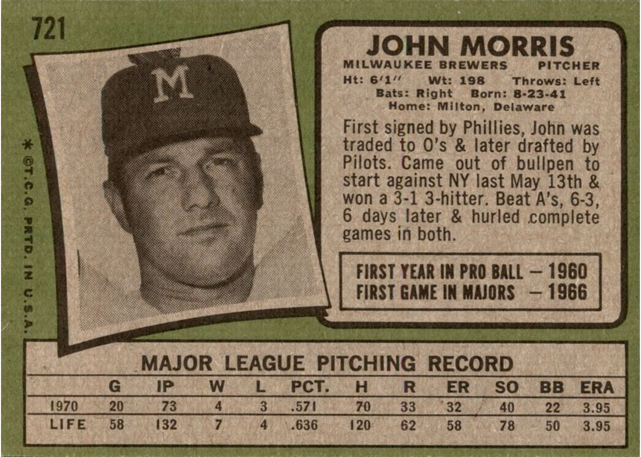 1971 Topps #721 John Morris card back