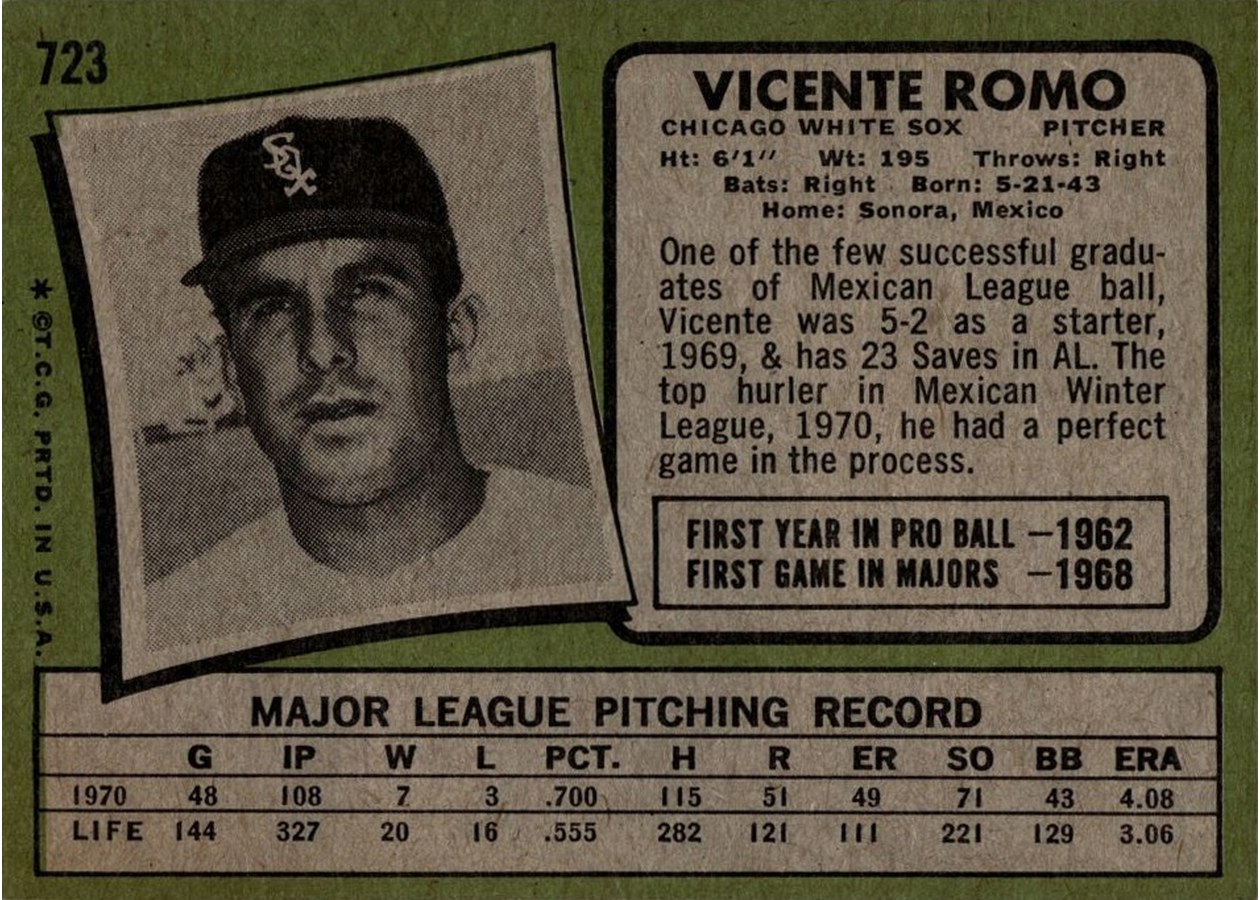 1971 Topps #723 Vicente Romo card back