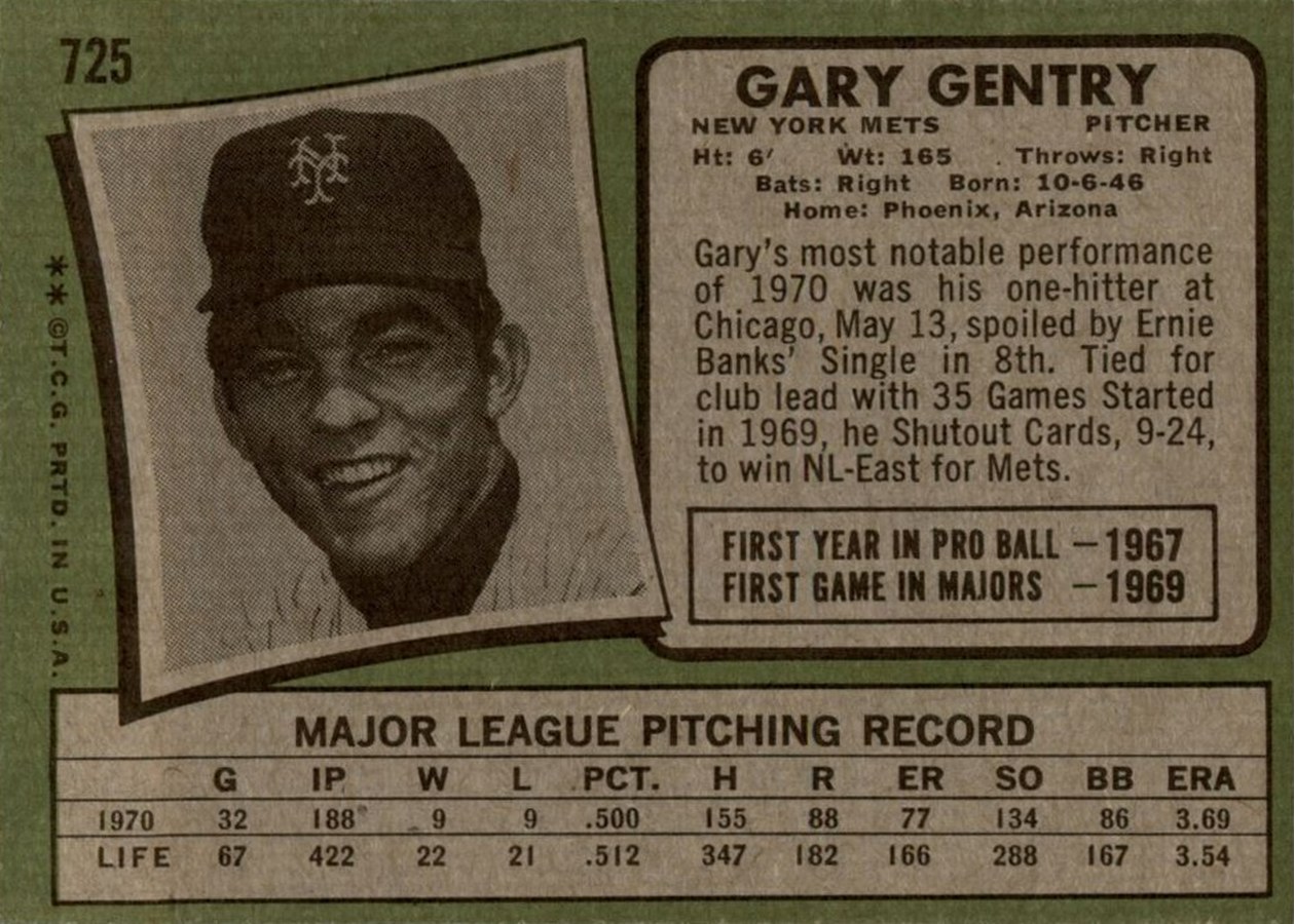 1971 Topps #725 Gary Gentry card back