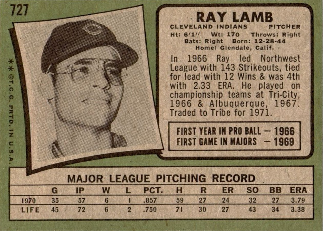 1971 Topps #727 Ray Lamb card back