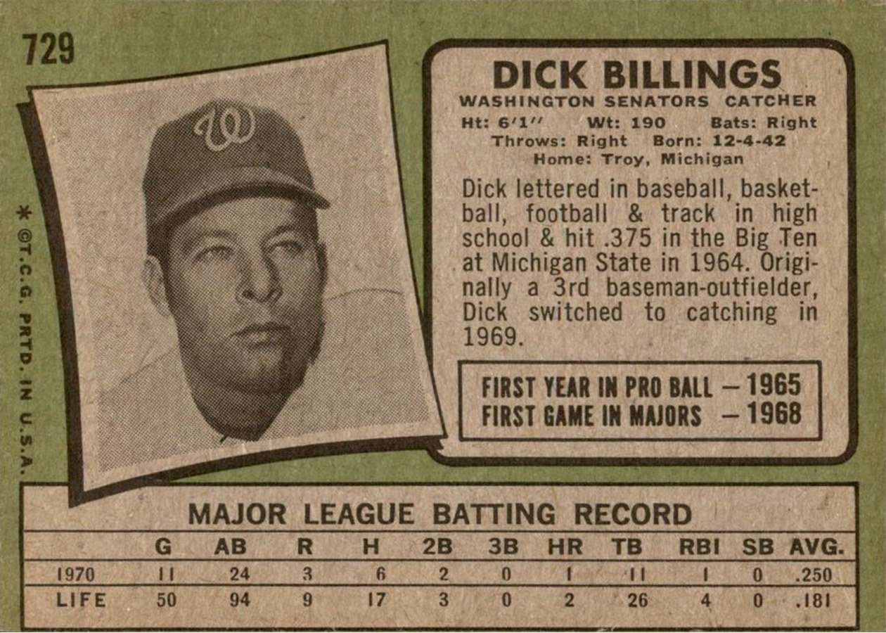 1971 Topps #729 Dick Billings card back
