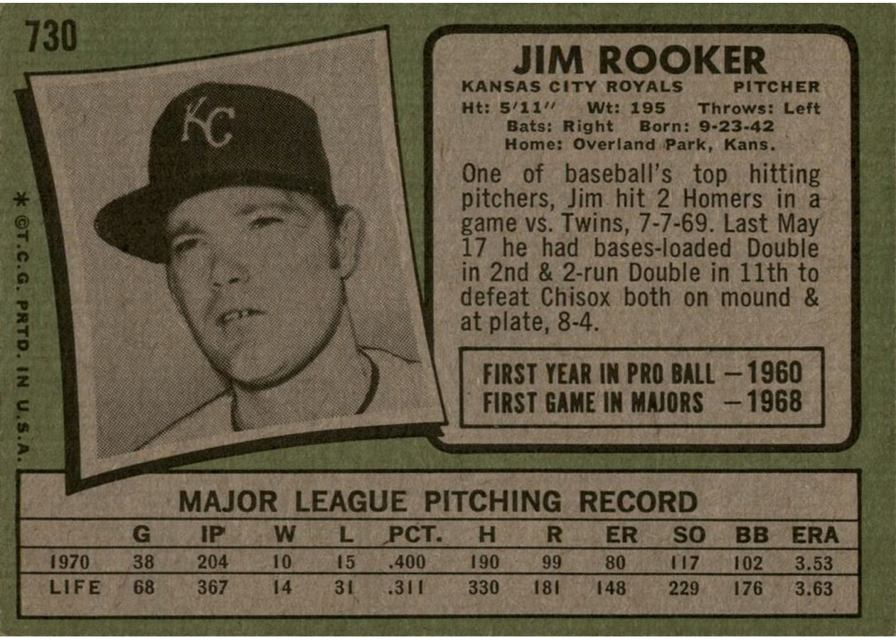 1971 Topps #730 Jim Rooker card back