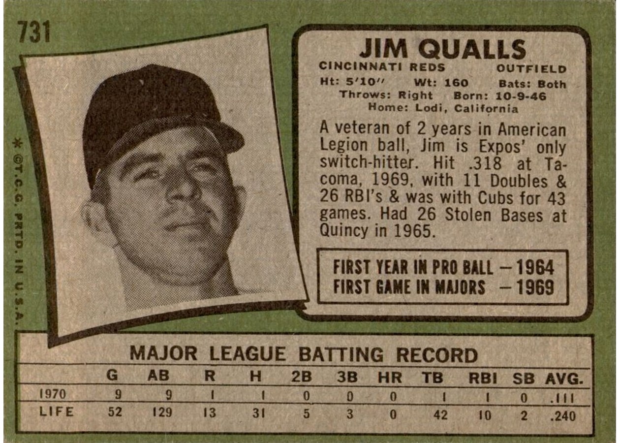 1971 Topps #731 Jim Qualls card back