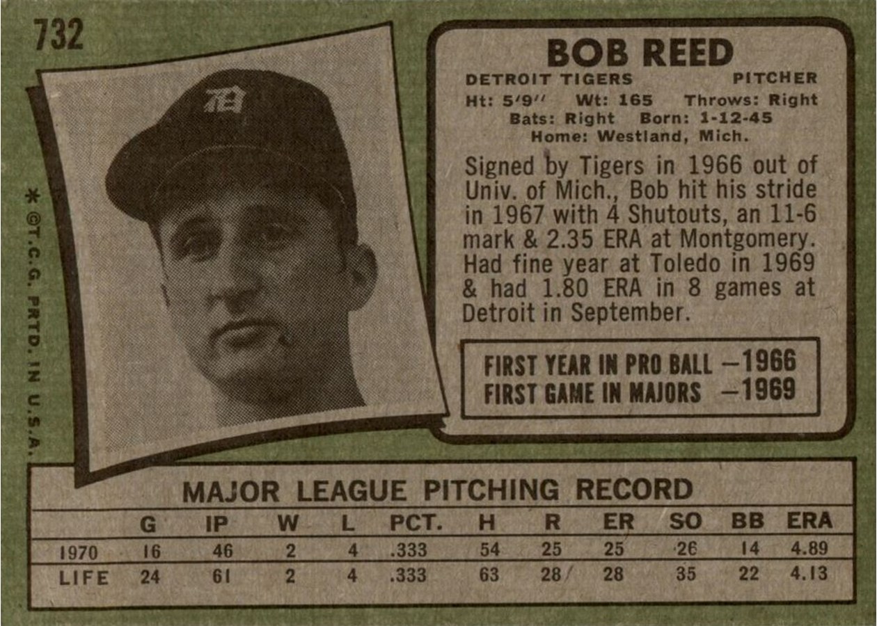 1971 Topps #732 Bob Reed card back