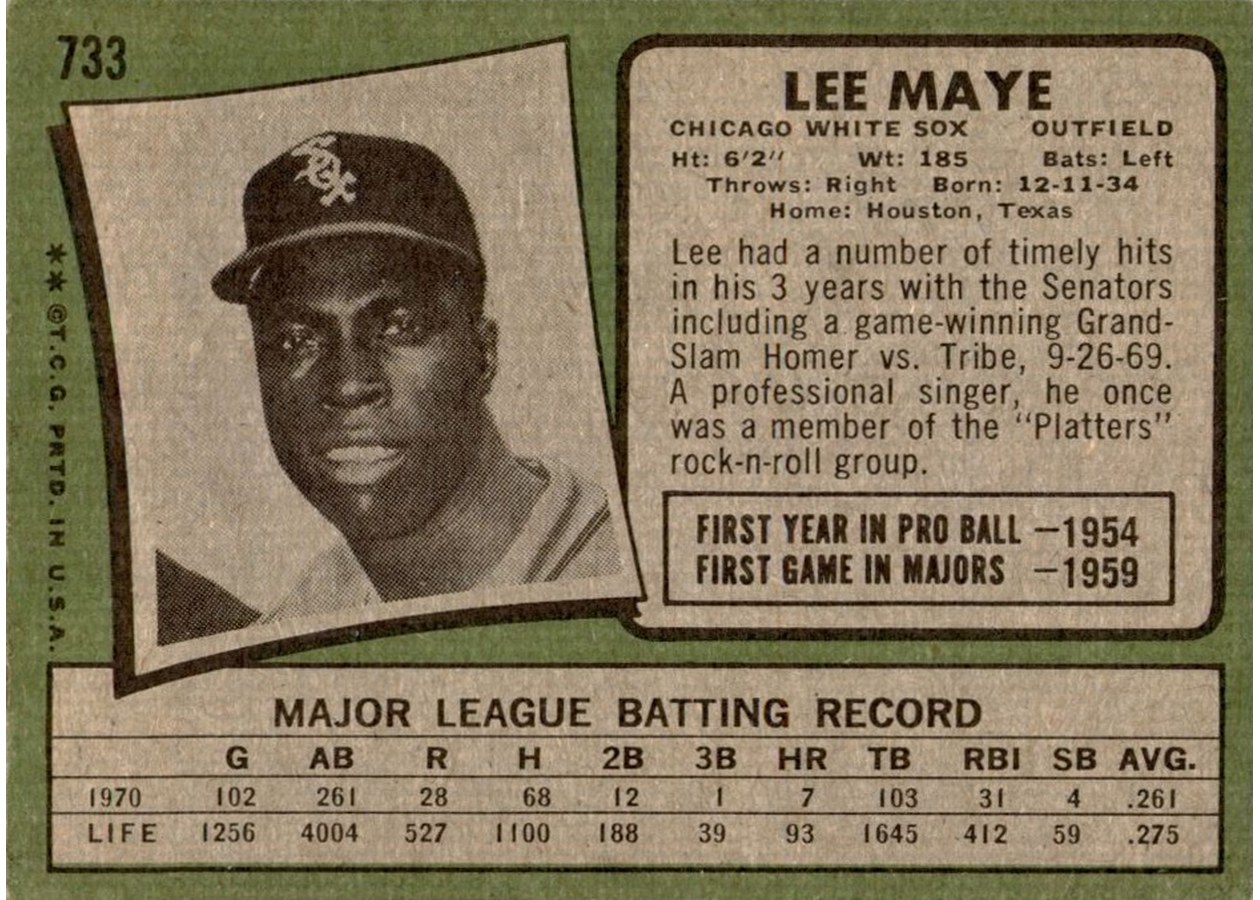 1971 Topps #733 Lee Maye card back