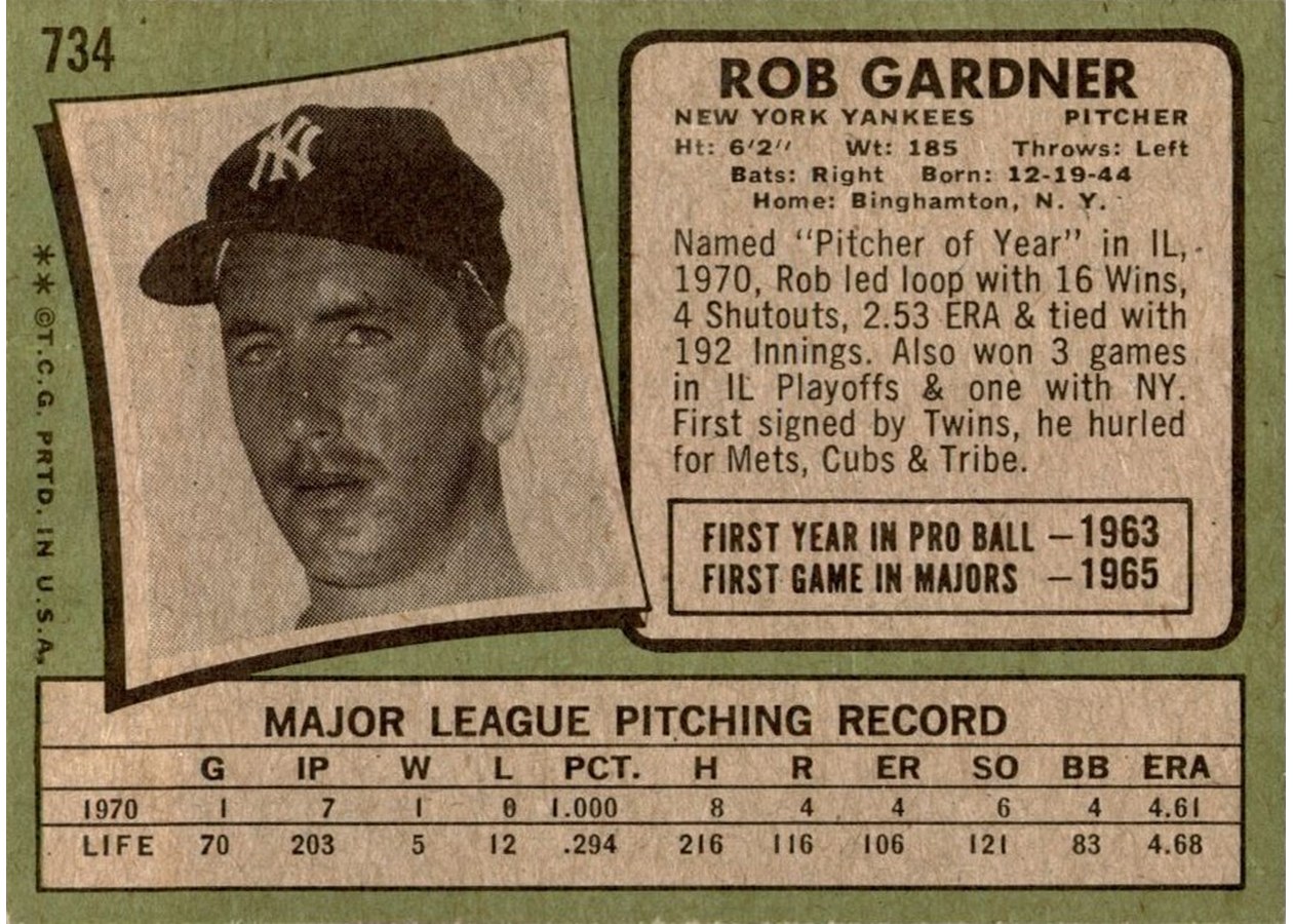 1971 Topps #734 Rob Gardner card back