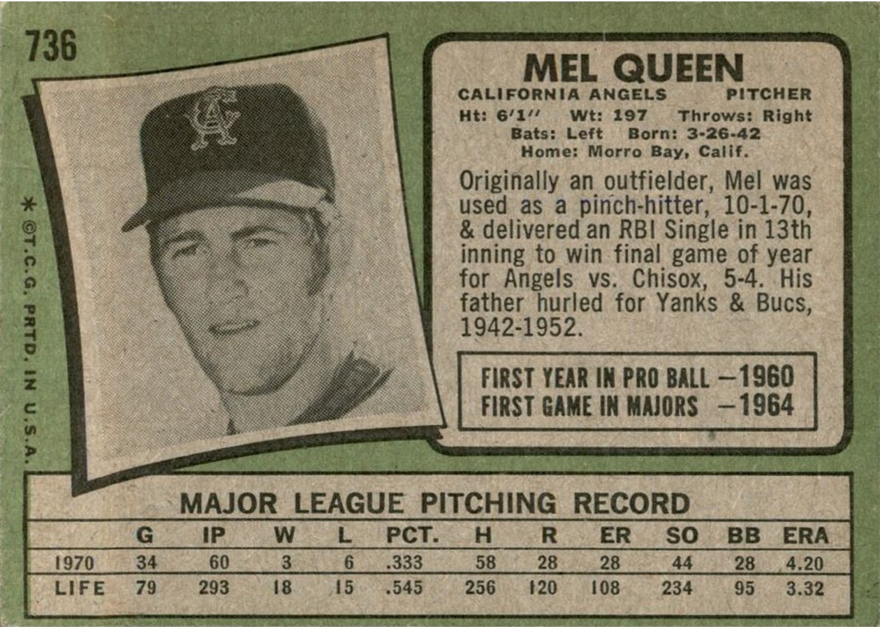 1971 Topps #736 Mel Queen card back