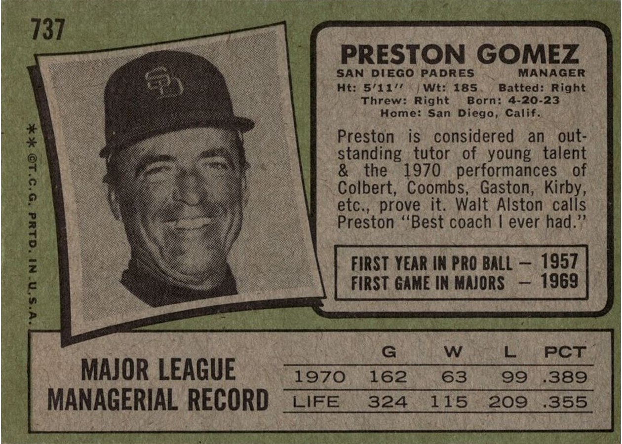 1971 Topps #737 Preston Gomez card back