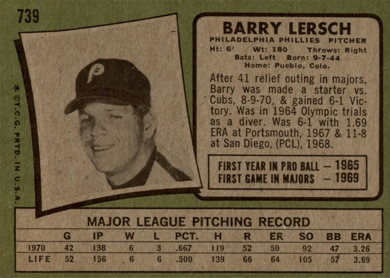 1971 Topps #739 Barry Lersch card back