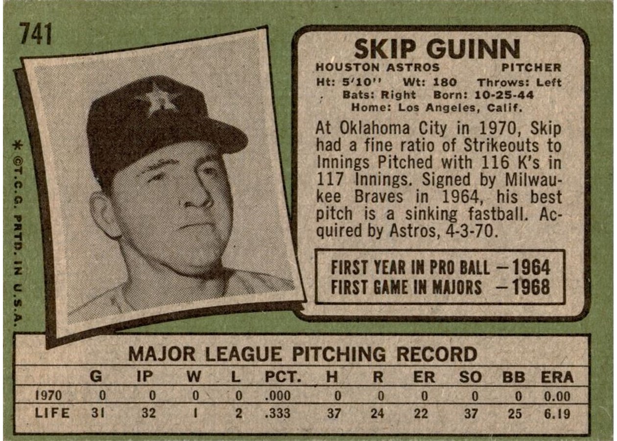 1971 Topps #741 Skip Guinn card back