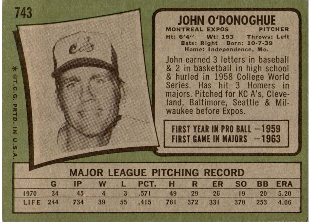 1971 Topps #743 John O'Donoghue card back