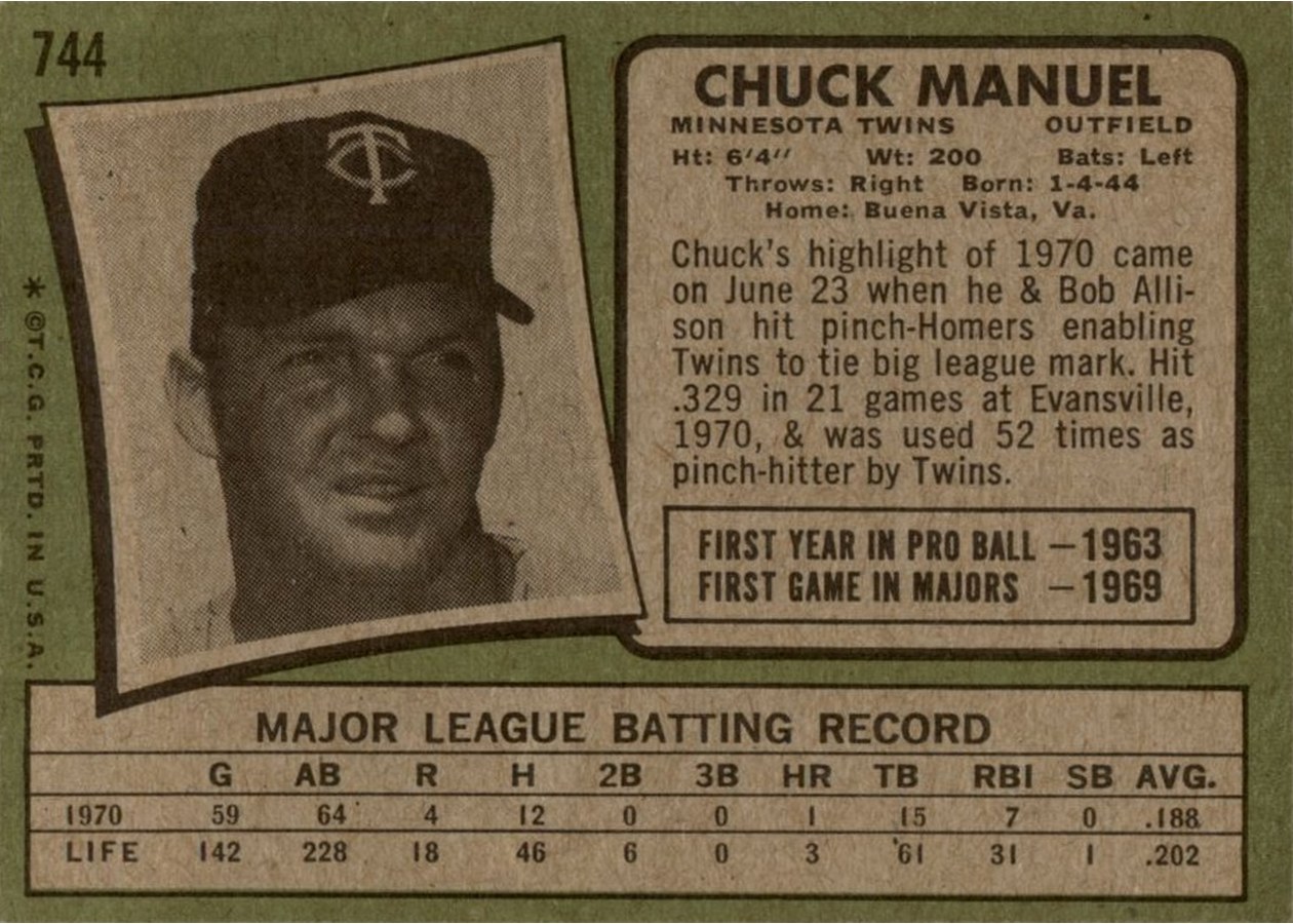 1971 Topps #744 Chuck Manuel card back