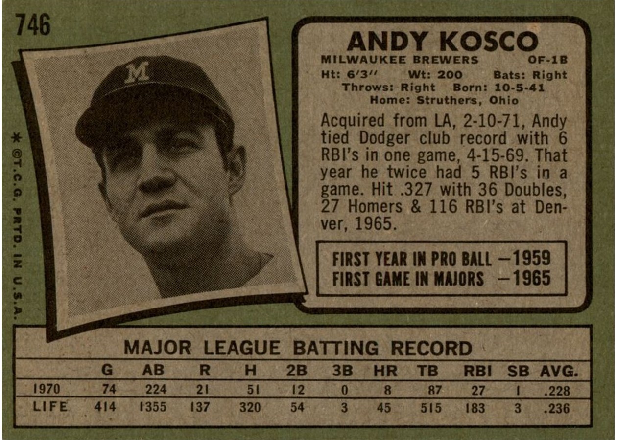 1971 Topps #746 Andy Kosco card back