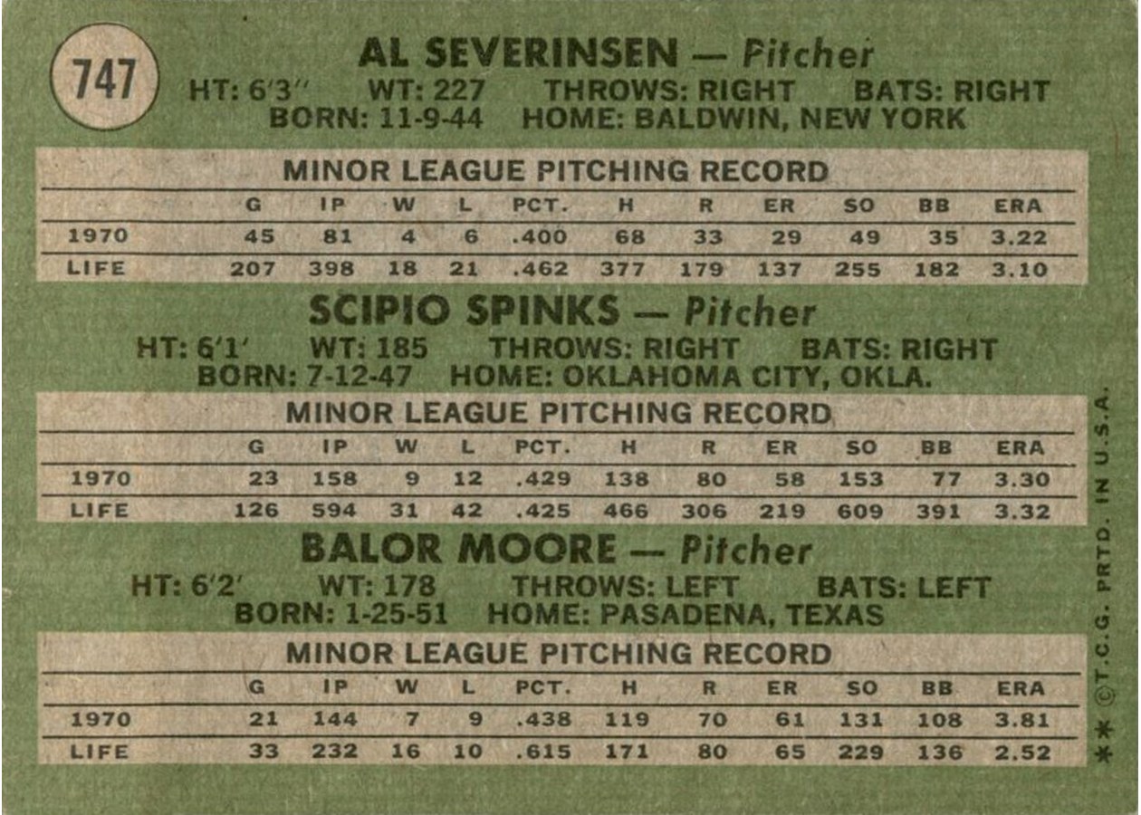 1971 Topps #747 N.L. Pitchers 1971 Rookie Stars card back