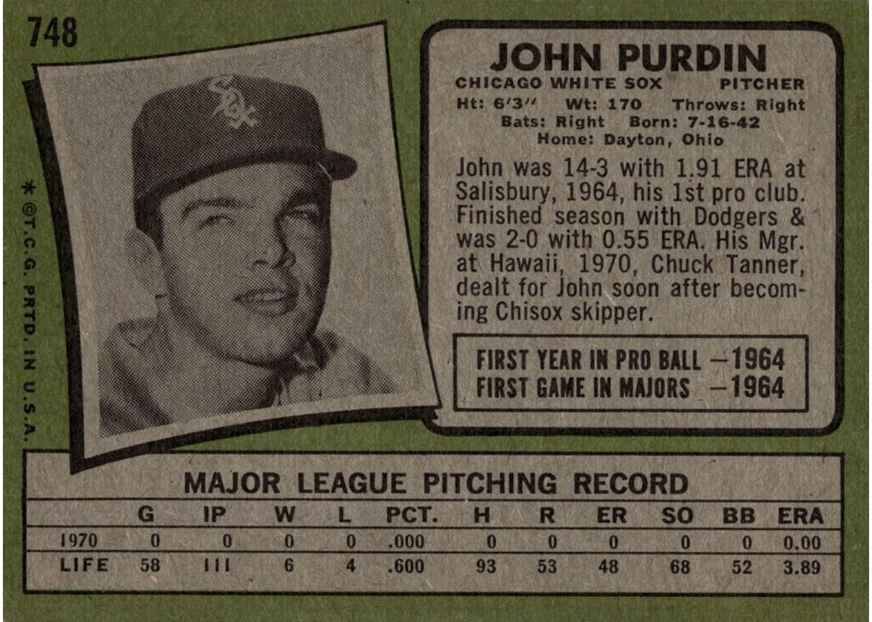 1971 Topps #748 John Purdin card back