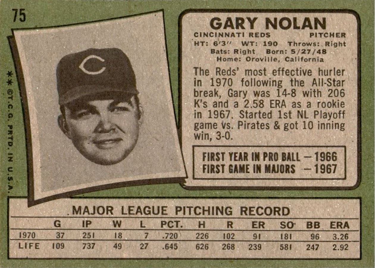 1971 Topps #75 Gary Nolan card back