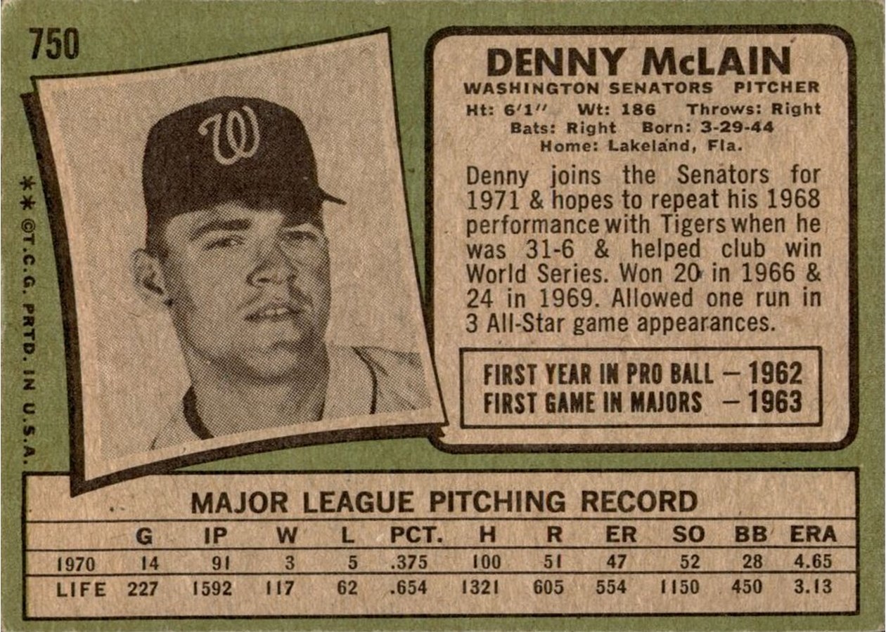 1971 Topps #750 Denny McLain card back