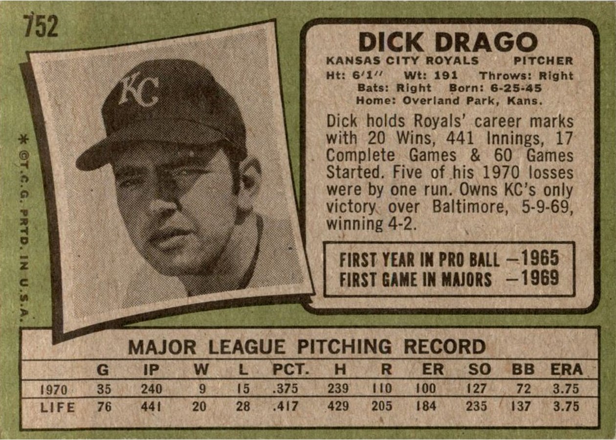 1971 Topps #752 Dick Drago card back