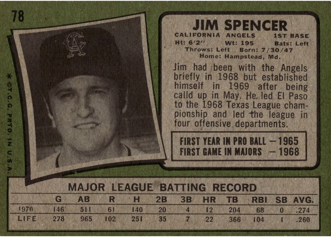 1971 Topps #78 Jim Spencer card back