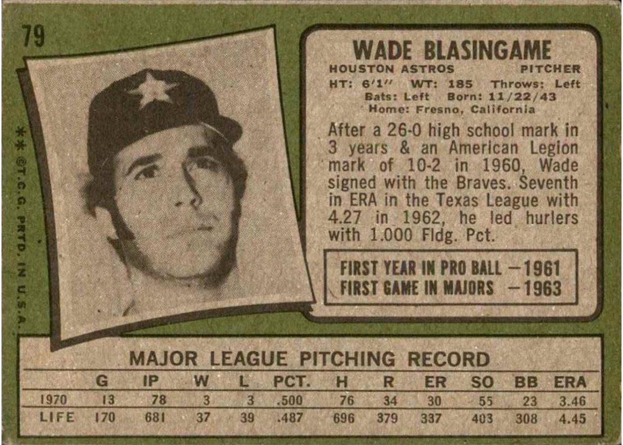 1971 Topps #79 Wade Blasingame card back