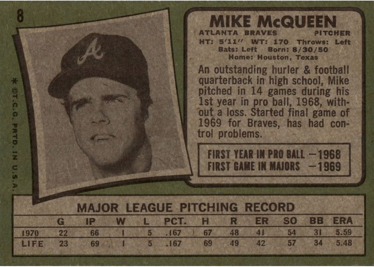 1971 Topps #8 Mike McQueen card back