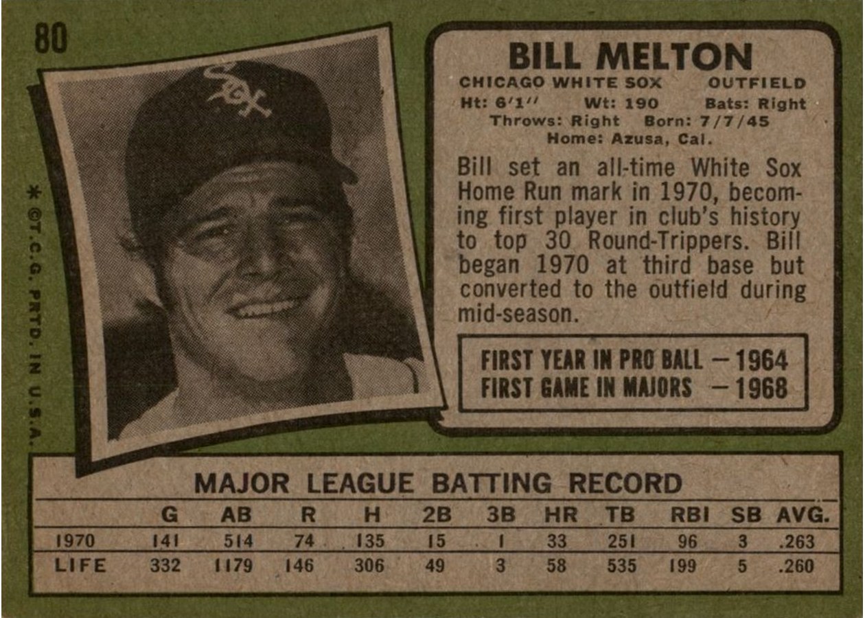 1971 Topps #80 Bill Melton card back
