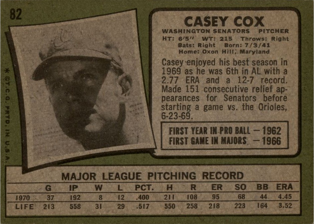 1971 Topps #82 Casey Cox card back