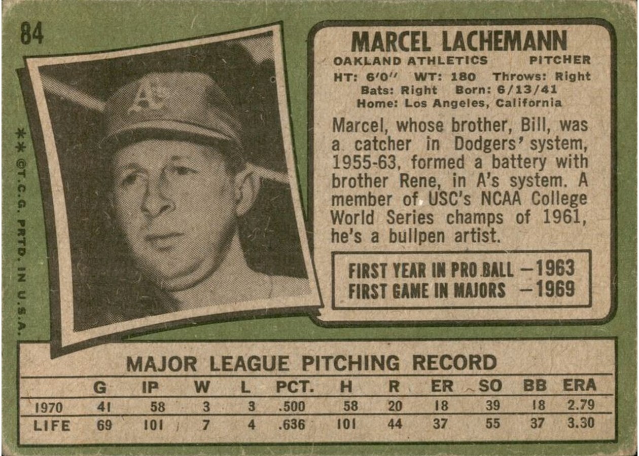 1971 Topps #84 Marcel Lachemann card back