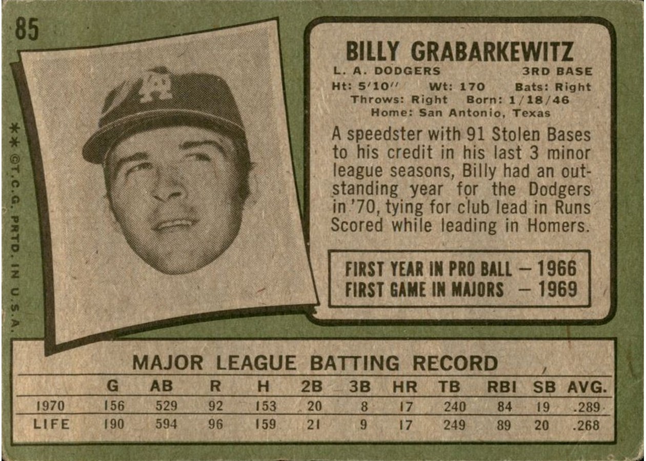 1971 Topps #85 Billy Grabarkewitz card back