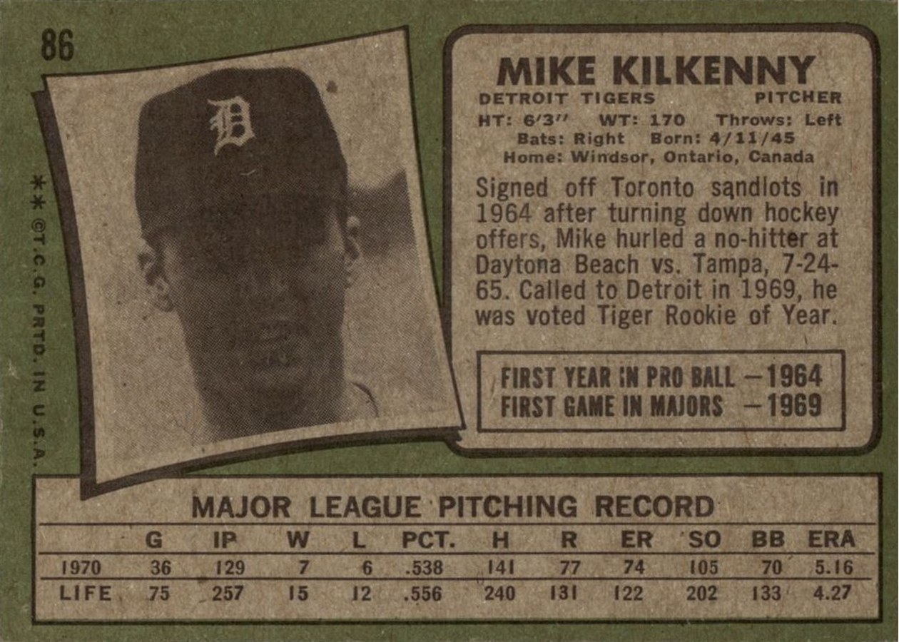 1971 Topps #86 Mike Kilkenny card back