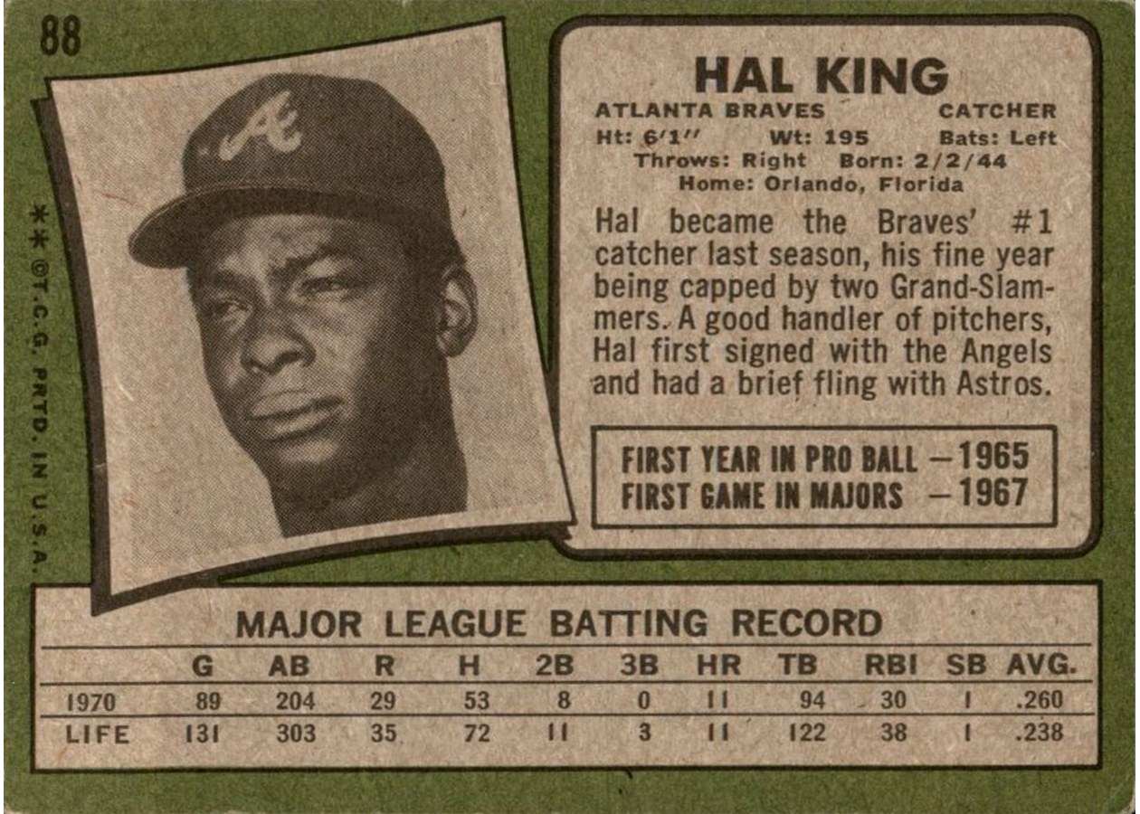 1971 Topps #88 Hal King card back