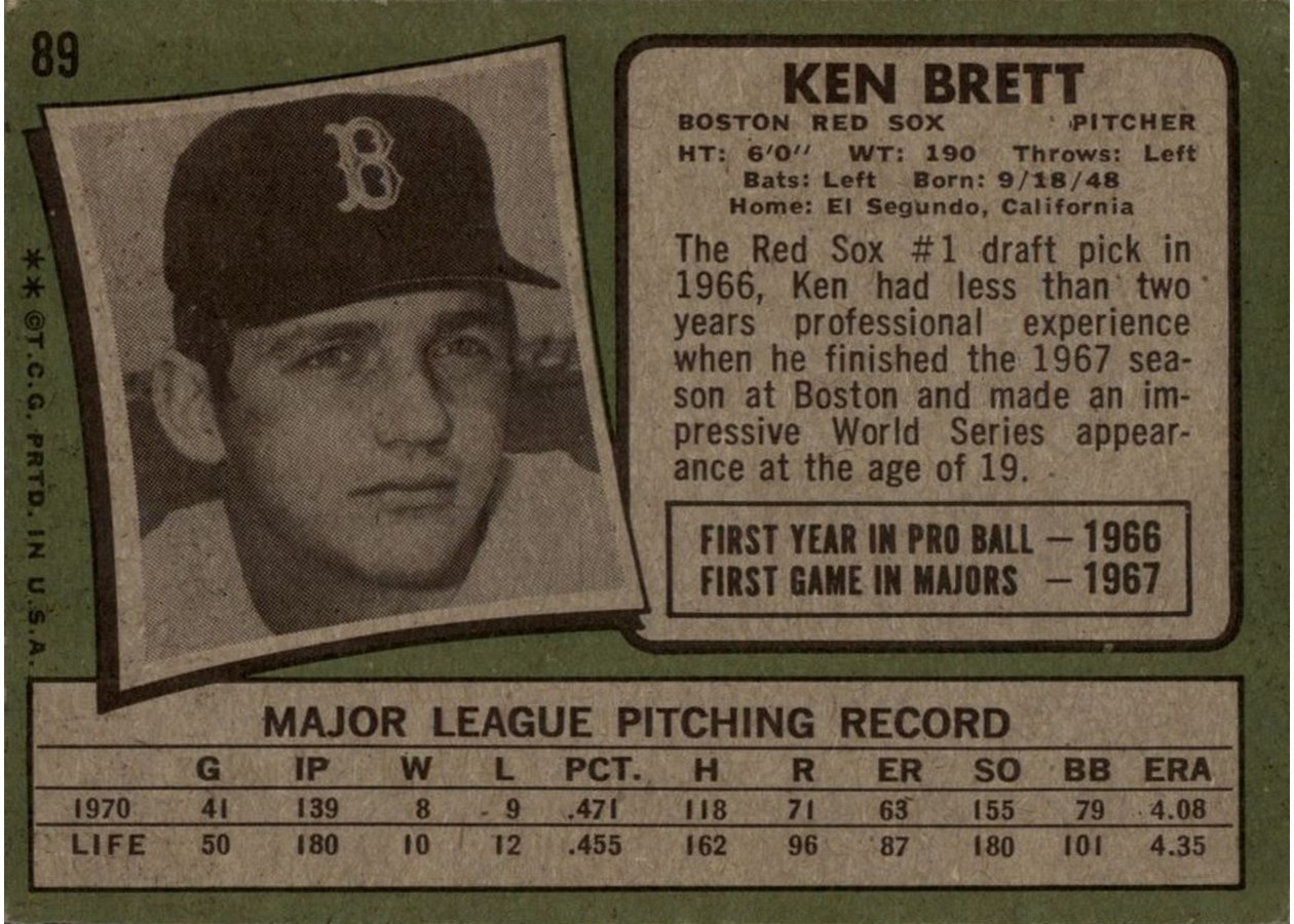 1971 Topps #89 Ken Brett card back