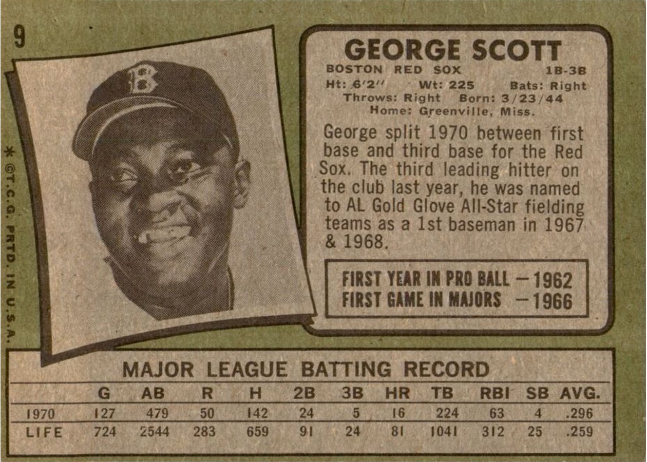 1971 Topps #9 George Scott card back