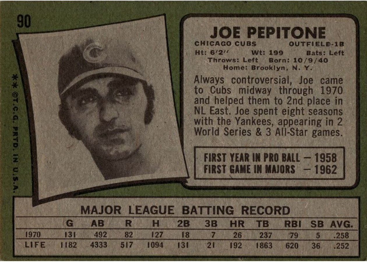 1971 Topps #90 Joe Pepitone card back