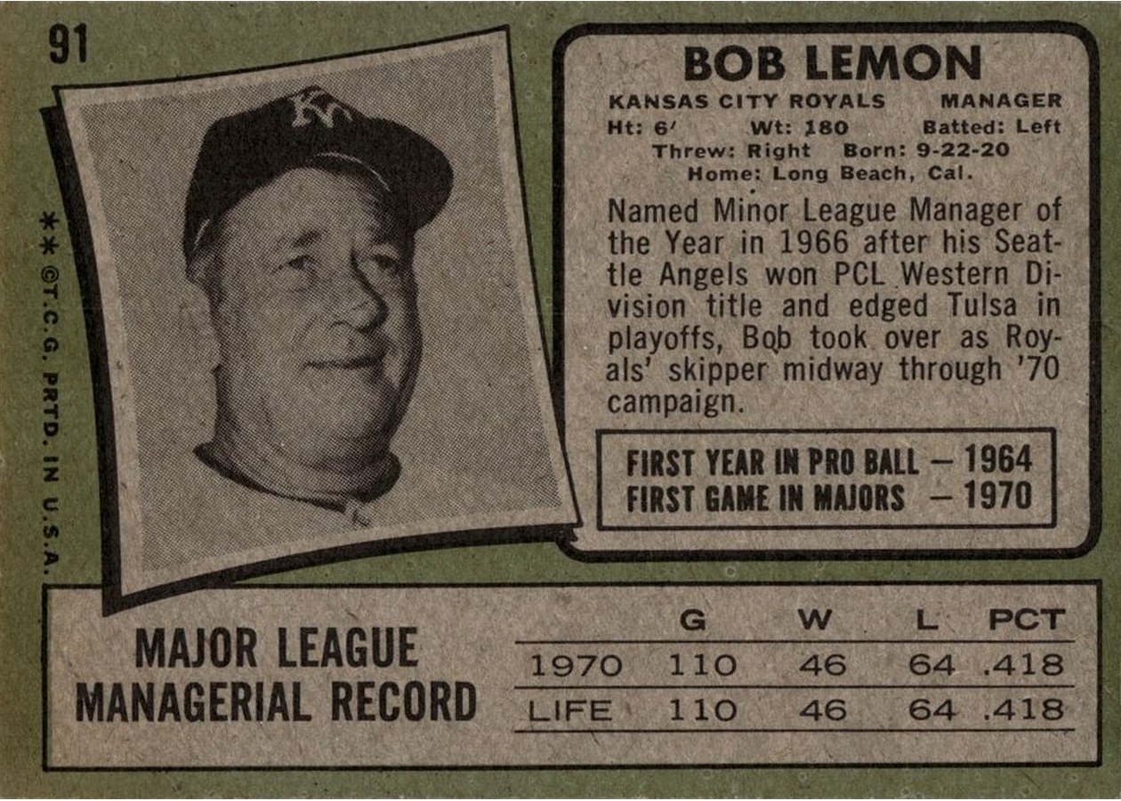 1971 Topps #91 Bob Lemon card back