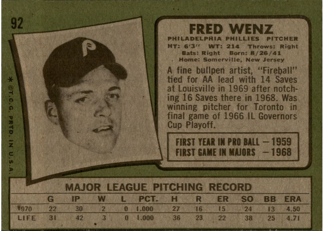 1971 Topps #92 Fred Wenz card back