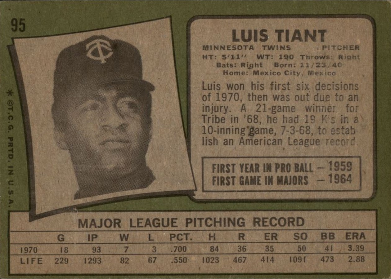 1971 Topps #95 Luis Tiant card back