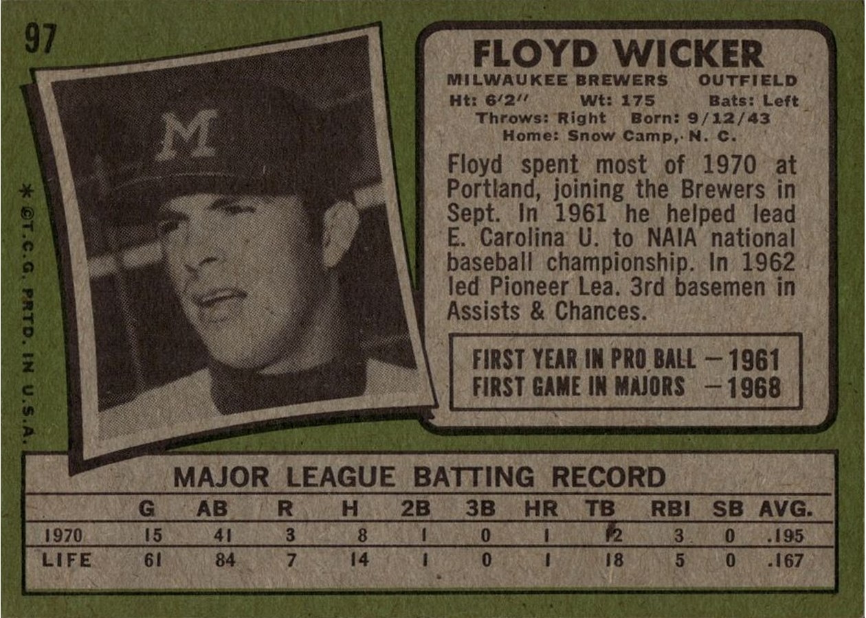 1971 Topps #97 Floyd Wicker card back